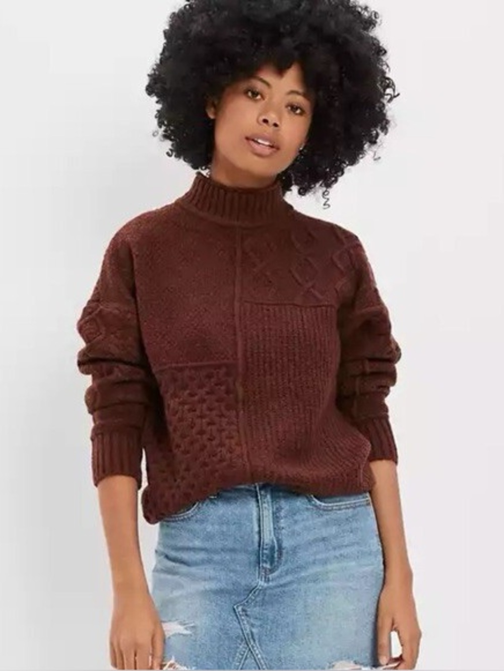 American Eagle brown turtleneck cable knit oversized sweater Size Small